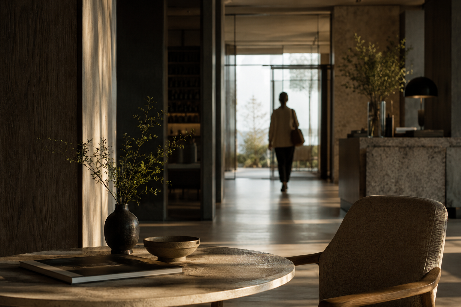 Lugn hotellmiljö i varmt nordiskt ljus